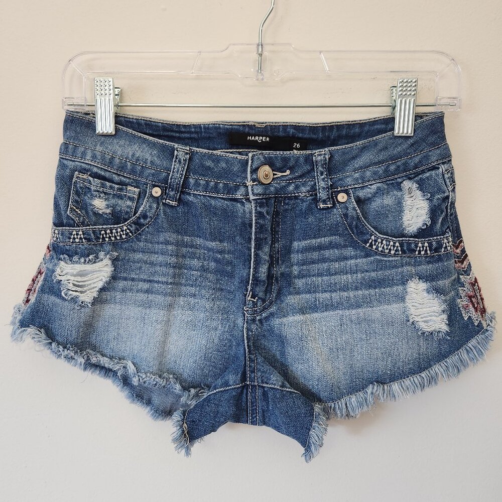 Harper Shorts Women Denim Distressed Low Rise Frayed Embroidered Jeans Size 26